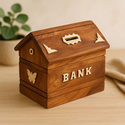Remarkable Money Bank Coin Box with Keys Lock for Kids and Adults | Sheesham (Hut) Coin Bank(Brown)