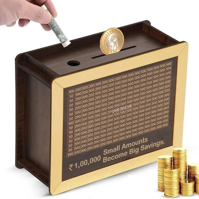 Kindly Premium Golden Wooden Money Saving Box | Piggy Bank for Saving Coin Bank 100000 Coin Bank(Brown)