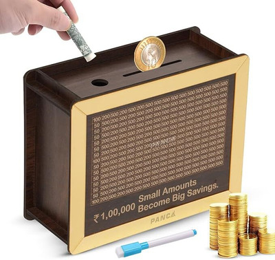 ZORIADA Golden Money Saving Piggy Box Wooden Coin Box with Pen for Kids & Adults Coin Bank(Brown)