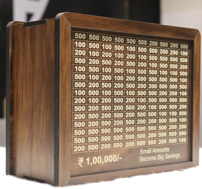 Fravy Wooden Money Saving Box | Counting target money box | Coin box for saving Coin Bank(Brown)