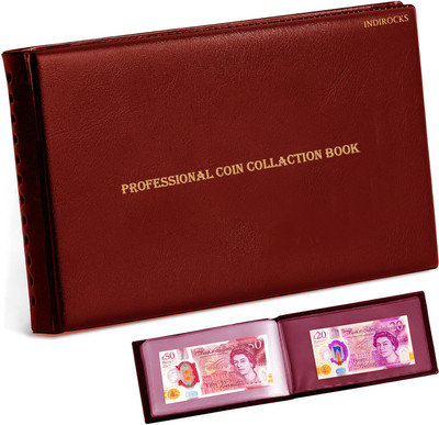 IndiRocks 40 Pockets Currency Collecting Album - 20 Sheets Clear Dollar/Note Bill Holders Coin Bank(Maroon)