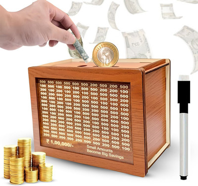 mapperz Wooden Money Saving Box, 100000 Savings Challenge Piggy Bank Target & Numbers Coin Bank(Brown)