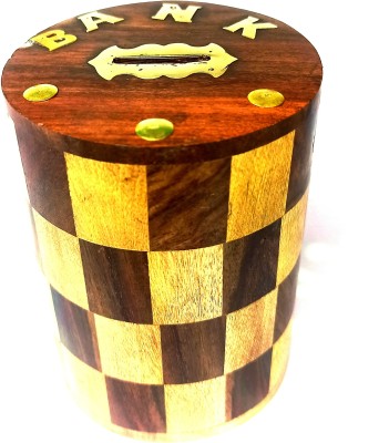 ARK WOOD ART Wooden Round Shape Money Box with Lock Funds Deposit Saving Money Bank Coin Box Coin Bank(Brown)