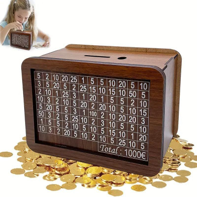 Quinergys Wooden Savings Box with Money Target & Numbers Coin Bank(Brown)
