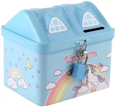 Awiclo Unicorn Hut House Shape Metal Piggy Bank with Lock & Keys, Coin Bank (Blue) Coin Bank(Blue)