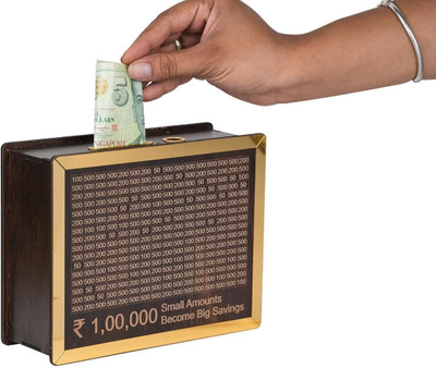 KVR CRAFT Wooden Money Saving Box| Cash Saver Money Box with Counting Target|wooden Coin Bank(Gold)
