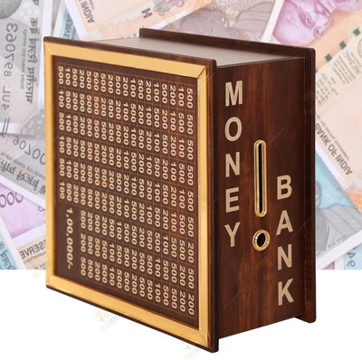 R.T. Impex Latest Cash Vault Wooden Savings Box,Wooden Coin Piggy Bank,Money Save Box Smash Coin Bank(Brown)