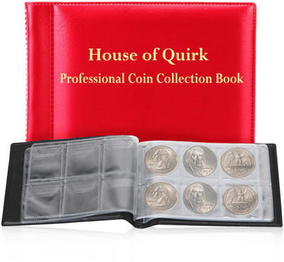 HOUSE OF QUIRK 60 Pockets Coin Holder Collection Coin Storage Album Book for Collectors Coin Bank(Red)