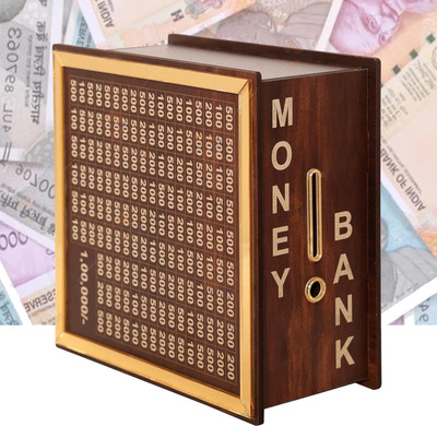 HouseofAD Wooden Money Saving Box Golden | Cash Saver Money Box with Counting Target Coin Bank(Brown)