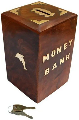 webshoppee Handmade Wooden Piggy Bank Money Coin Box With Lock for Kids & Children Coin Bank(Brown)