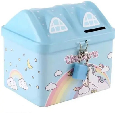 PKM Unicorn Printed Hut Shape Metal Coin Bank Piggy Bank for Kids with Lock and Key Coin Bank(Multicolor)