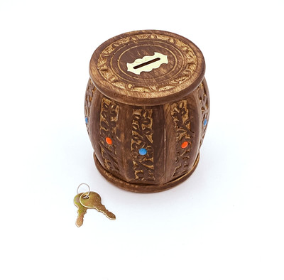 ZYNTIX Wooden Money Bank/Round shape Carving Barrel Design/Piggy Bank For Boys Girls And Adults Coin Bank(Brown)