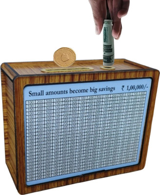 craftinky Rs.100000 Saving Challenge wooden Money Piggy Bank Carved Design Savings Bank Coin Bank(Brown)