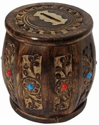 Woodenex Wooden Barrel/Dhol shaped Money/Coin/Piggy Bank/Gullak, Gift for Kids Coin Bank(Brown)