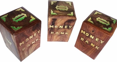 ARK WOOD ART old Saving Money Bank Coin Box Children Gift Color Brown ( Combo of 3 ) Coin Bank(Brown)
