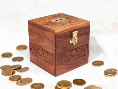 NOBBLE Wooden Piggy Bank, Coin Box with carving for kids/Children. with Lock, Gullak Coin Bank(Brown)