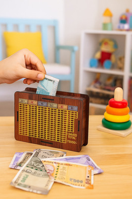 1st Time Wooden Money Saving Box 75,000 Goal Tracker – Square Coin & Note Bank for Adults Coin Bank(Brown)