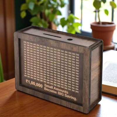 JSG 100000 Rs. Wooden Money Saving Box | Cash Saver Money Box with Counting Target Coin Bank(Brown)
