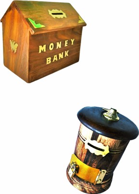 ARK WOOD ART stylish coin money box Money Bank Coin Banks combo of 2 gift packs Coin Bank(Brown, Blue)