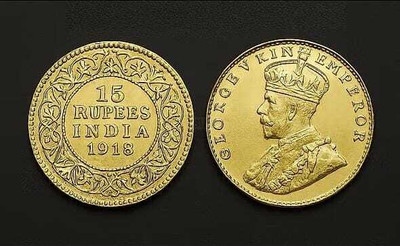 Vkcoins RARE 15 RUPEES 1918 KING GEORGE 5th, BRITISH INDIA GOLD PLATED COIN Modern Coin Collection(1 Coins)