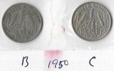 A1 International India 1950 Nickel 1/4 Quarter Rupee 2 Different Mint Coins Bombay & Calcutta Medieval Coin Collection(2 Coins)