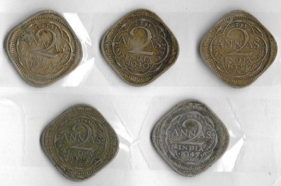 A1 International Rare British India George VI 2 Annas 5 Different Year Coins Medieval Coin Collection(5 Coins)