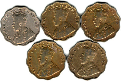 HARIOMCOIN 1925-34-36 - GEORGE V KING 1 ANNA 5 AUNC TO UNC COPPER-NICKEL COINS LOT Ancient Coin Collection(5 Coins)