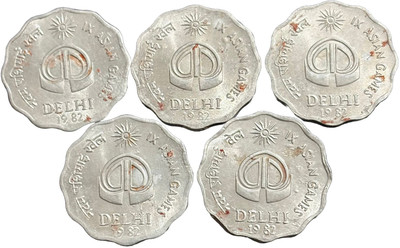 ANTIQUEWAY 1982 UNC 10 Paise Asian Games 5 Commemorative Issue Coins Medieval Coin Collection(5 Coins)