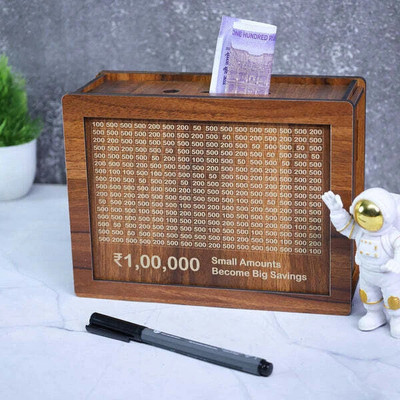 BIYALI Wooden Money Bank,Coin Box with Carved Design for Kids,Savings Challenge Box Modern Coin Collection(100000 Coins)