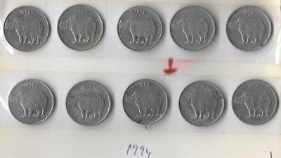 A1 International India 1994 Rhino Steel 25 Paise 10 Coins Lot Medieval Coin Collection(10 Coins)