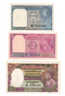 Coinage Combo of 3 British India KG VI 1,2 & 5 Rupees Artificial 3 Paper note Medieval Coin Collection(1 Coins)