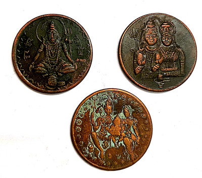 NISARA COLLECTIBLES Set of 3 Temple Token coin Half anna EIC 1818 Ancient Coin Collection(3 Coins)