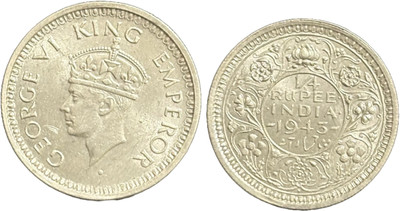 ANTIQUEWAY 1943 GEM UNC 1/4 Rupee Ghost Impression at Reverse George VI British India Medieval Coin Collection(1 Coins)