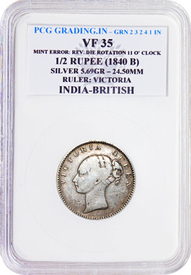 ANTIQUEWAY 1840B 1/2 Rupee PCG Graded VF35 Die Rotation 11'O Clock Victoria Queen EIC Medieval Coin Collection(1 Coins)