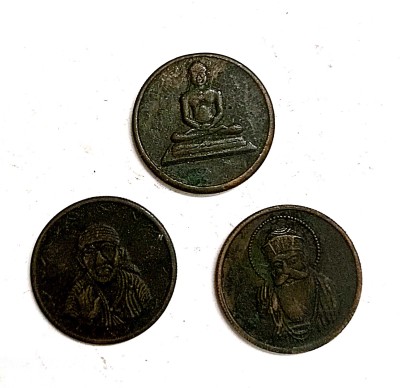 ANK SET OF 3 COIN 1818 HALF ANNA WITH LORD SAI BABA LORD MAHAVIR AND LORD GURUNANAK Ancient Coin Collection(3 Coins)