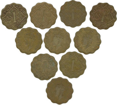 WORLDCOIN British India George VI 1 Anna 4 Different Year Coins Collection Set of 10 Ancient Coin Collection(10 Coins)