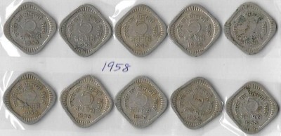 A1 International India 1958 5 Paise Copper - Nickel 10 Coins Lot Medieval Coin Collection(10 Coins)