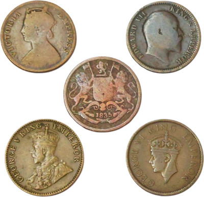 SHUBHCOINS British Raj 1835-1947 Series, 1 Quarter Anna Copper-Bronze, Very Rare Set Medieval Coin Collection(5 Coins)