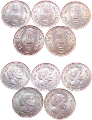 RLS Rare Old 5 Rupees Indira Gandhi 1917-1984 **[5]** Coin Medieval Coin Collection(5 Coins)