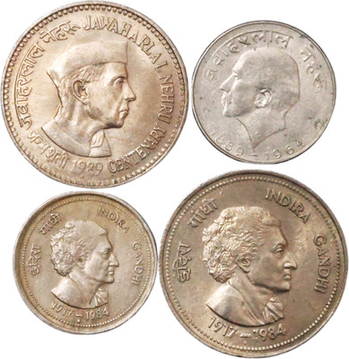 SHUBHCOINS Nehru Indira Combo, Extra Fine Condition, Collectable Gift for Kids Medieval Coin Collection(4 Coins)