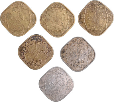 SHUBHCOINS Full Set of 1/2 Anna, George VI British India, 1942-47, Rare Collection for Kids Medieval Coin Collection(6 Coins)