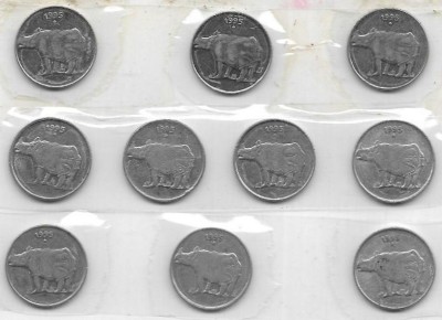 A1 International India 1995 Rhino Steel 25 Paise 10 Coins Lot Medieval Coin Collection(10 Coins)