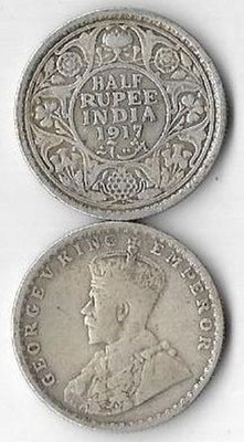 A1 International British India 1917 George V 1/2 Half Rupee Silver Coin Medieval Coin Collection(1 Coins)