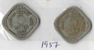 A1 International India 1957 5 Paise Copper - Nickel 2 Different Mint Coins Bombay & Calcutta Medieval Coin Collection(2 Coins)