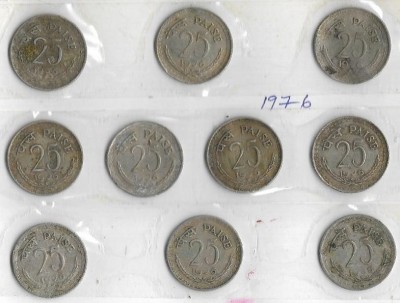 A1 International India 1976 25 Paise 10 Coins Lot Medieval Coin Collection(10 Coins)