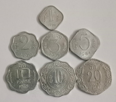 BidinnhobbyS Inidia coins set of 7 coins 1 Piasa to 20 Paisa all UNC Coins Modern Coin Collection(7 Coins)