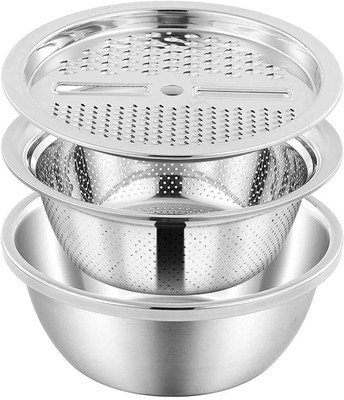 Prugo 3 in 1 Kitchen Stainless Steel Bowl Drain Basket Julienne Graters Strainer(Steel Pack of 3)
