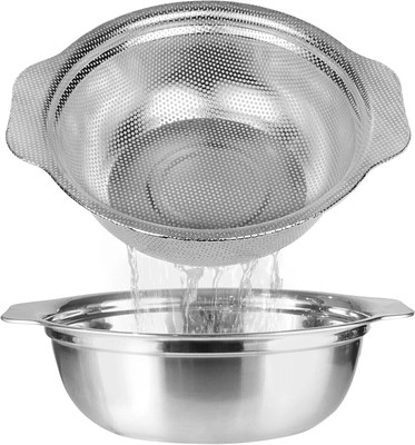 Yopple Microporous Stainless Steel Colander and Mixing Bowl Set of 2 Sieve(Silver Pack of 1)