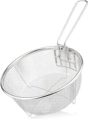 Kruvad Round Fryer Basket with Folding Handle Deep Wire Strainer Deep Frying Basket(Silver Pack of 1)