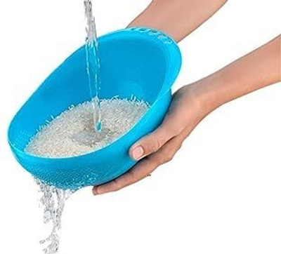 Mahoksha Multi-Function Plastic Water Strainer or Washer Bowl for Rice Collapsible Strainer(Blue Pack of 1)